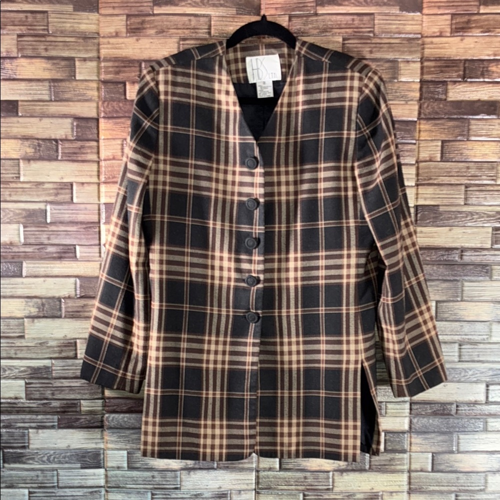 Vintage HBS Ltd Blazer Suit Jacket Women's 8 Brown Black Plaid Scalloped Hem